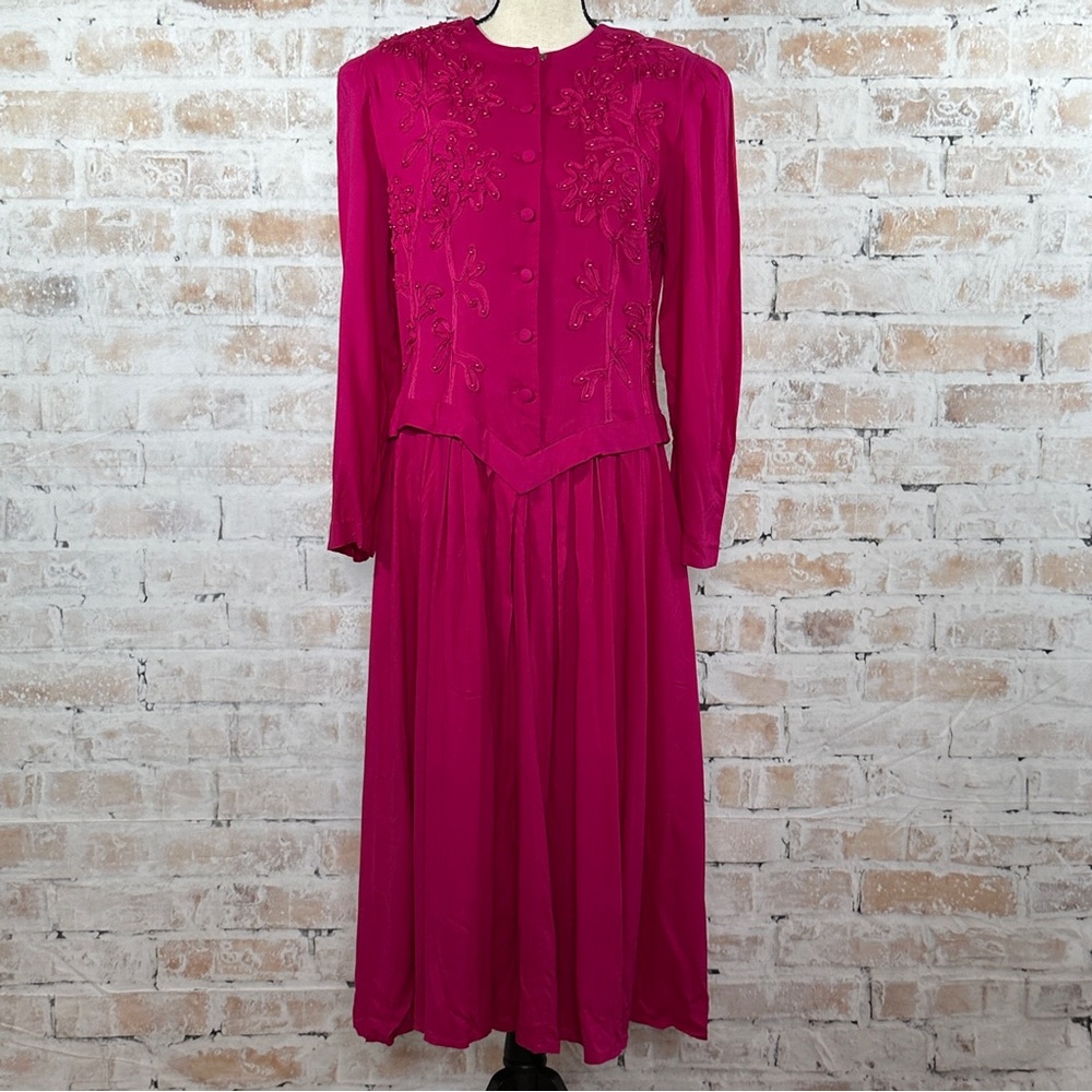 True Vintage 90s Fuchsia Abstract Beaded Embellished Button Bodice Tapered Dress